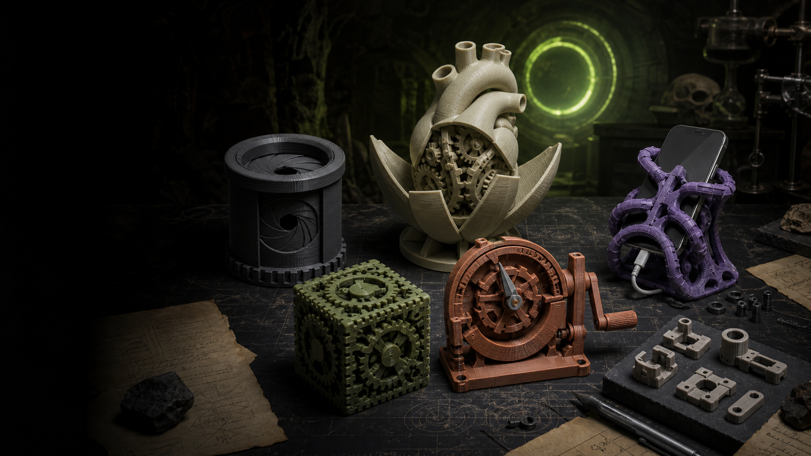 Dot Saif mechanical artifacts arranged inside a dark experimental laboratory